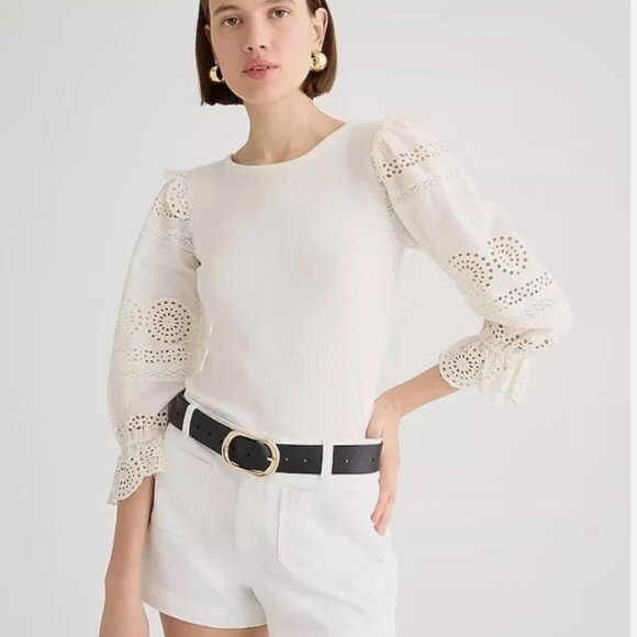 J.Crew NWT Womens Ruffle Trim Eyelet Top XL Ivory Vintage Rib Boho Romantic 2024 - Picture 1 of 16